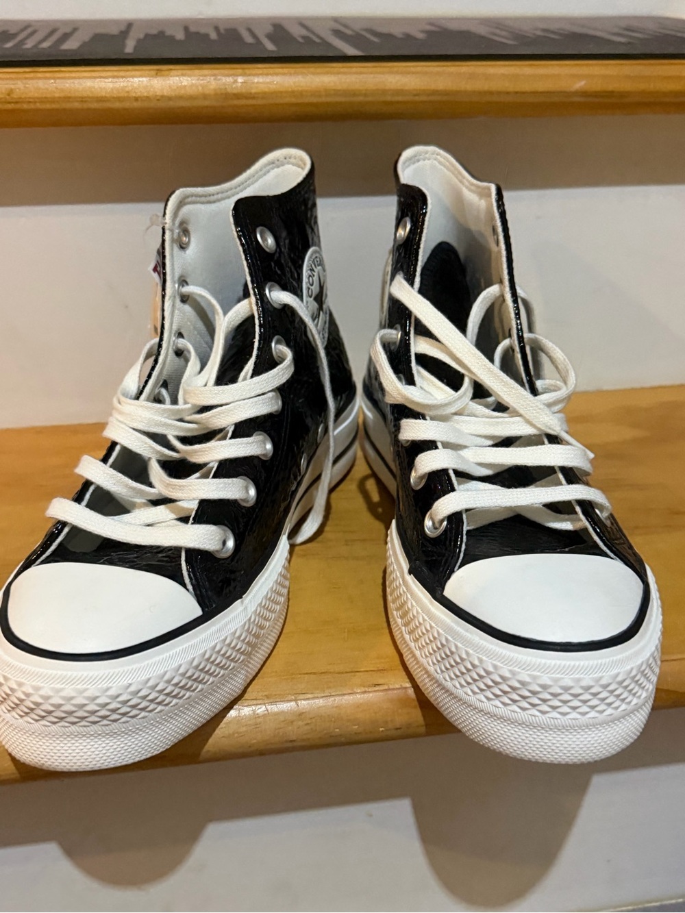 Converse Black and White High-Top Platform Sneakers patent crinkle leather size7